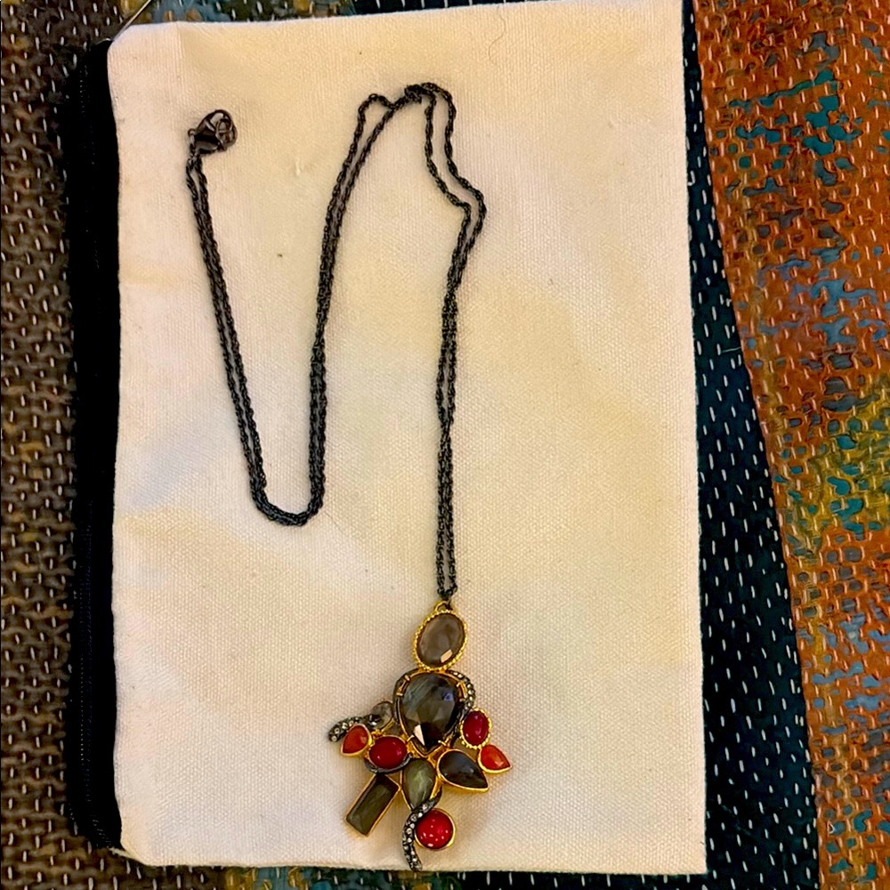 Alexis Bittar Red and Gold Necklace with Intricate Design